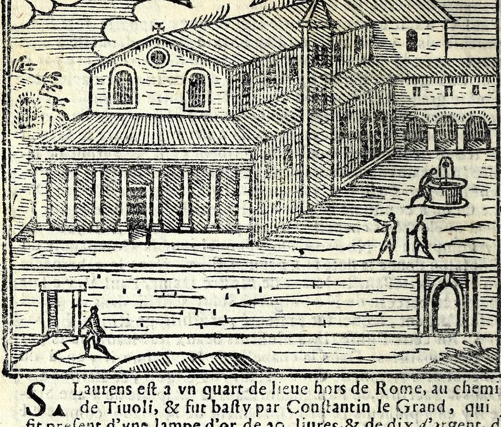 An illustration from Les merueilles de la ville de Rome : ou est traitè des eglises, stations & reliques des corps saints qui y sont : auec la guide qui enseigne aux estrangers à aysement trouuer les choses plus remarquables de Rome : ensemble les noms des papes, empereurs, & autres princes chrestiens, 1690, leaf 32
