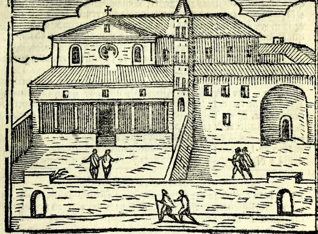 An illustration from Les merueilles de la ville de Rome : ou est traitè des eglises, stations & reliques des corps saints qui y sont : auec la guide qui enseigne aux estrangers à aysement trouuer les choses plus remarquables de Rome : ensemble les noms des papes, empereurs, & autres princes chrestiens, 1690, leaf 35