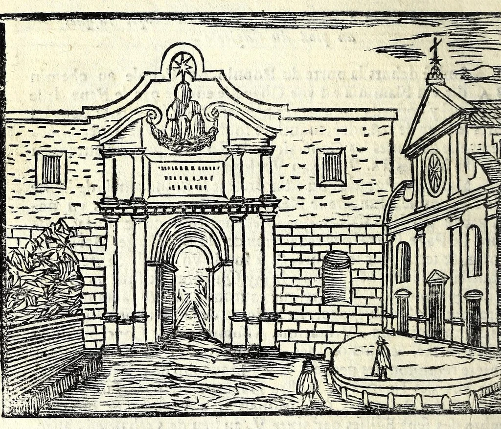 An illustration from Les merueilles de la ville de Rome : ou est traitè des eglises, stations & reliques des corps saints qui y sont : auec la guide qui enseigne aux estrangers à aysement trouuer les choses plus remarquables de Rome : ensemble les noms des papes, empereurs, & autres princes chrestiens, 1690, leaf 44