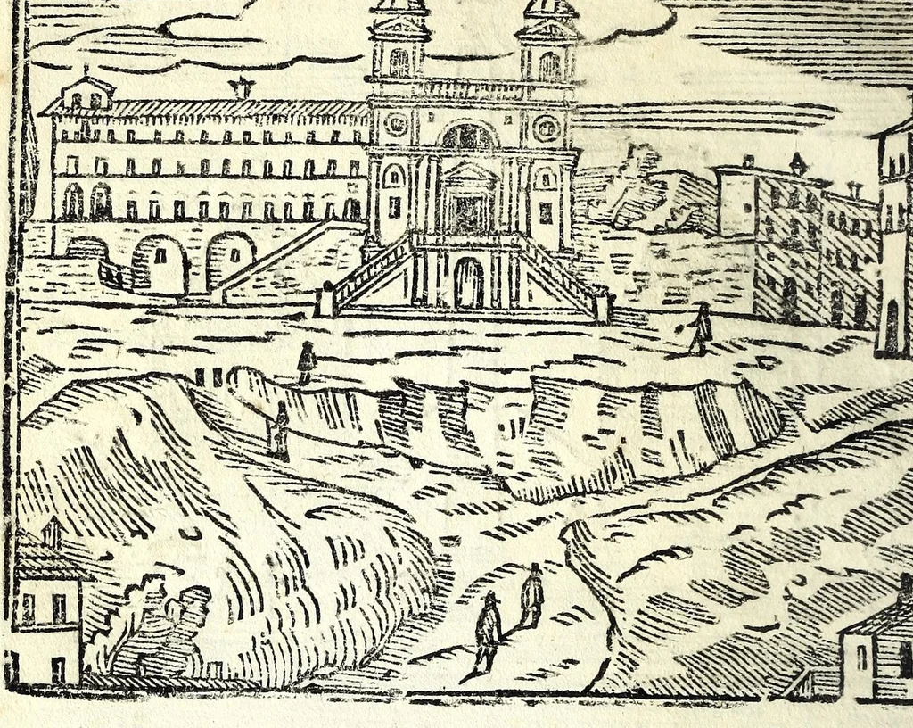 An illustration from Les merueilles de la ville de Rome : ou est traitè des eglises, stations & reliques des corps saints qui y sont : auec la guide qui enseigne aux estrangers à aysement trouuer les choses plus remarquables de Rome : ensemble les noms des papes, empereurs, & autres princes chrestiens, 1690, leaf 46
