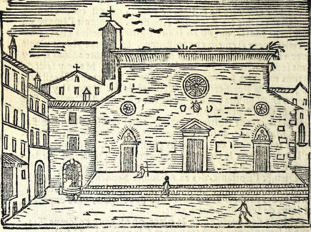 An illustration from Les merueilles de la ville de Rome : ou est traitè des eglises, stations & reliques des corps saints qui y sont : auec la guide qui enseigne aux estrangers à aysement trouuer les choses plus remarquables de Rome : ensemble les noms des papes, empereurs, & autres princes chrestiens, 1690, leaf 50