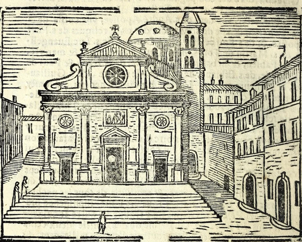 An illustration from Les merueilles de la ville de Rome : ou est traitè des eglises, stations & reliques des corps saints qui y sont : auec la guide qui enseigne aux estrangers à aysement trouuer les choses plus remarquables de Rome : ensemble les noms des papes, empereurs, & autres princes chrestiens, 1690, leaf 54