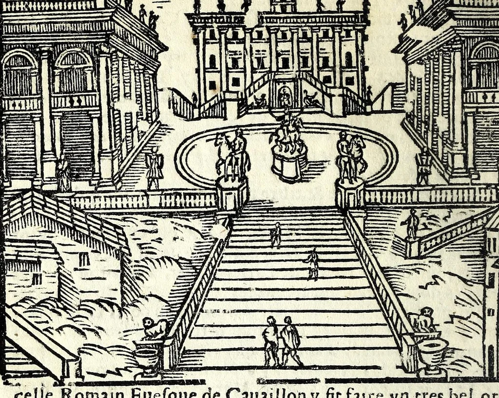 An illustration from Les merueilles de la ville de Rome : ou est traitè des eglises, stations & reliques des corps saints qui y sont : auec la guide qui enseigne aux estrangers à aysement trouuer les choses plus remarquables de Rome : ensemble les noms des papes, empereurs, & autres princes chrestiens, 1690, leaf 60