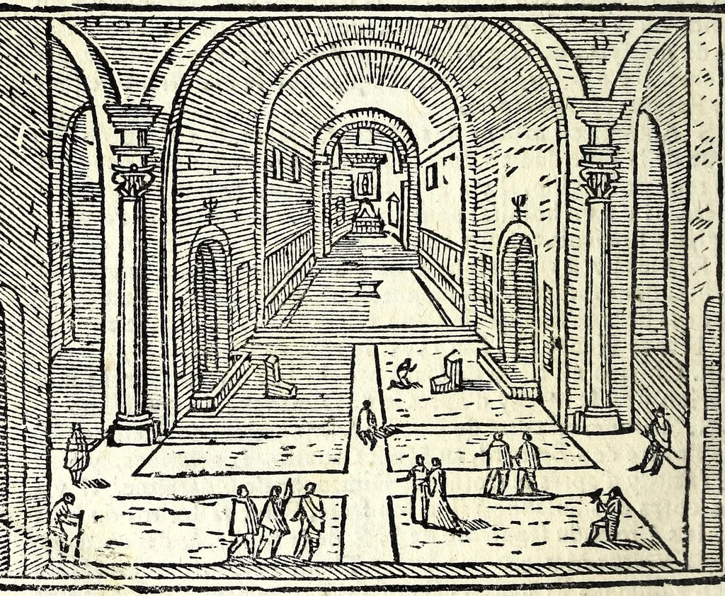 An illustration from Les merueilles de la ville de Rome : ou est traitè des eglises, stations & reliques des corps saints qui y sont : auec la guide qui enseigne aux estrangers à aysement trouuer les choses plus remarquables de Rome : ensemble les noms des papes, empereurs, & autres princes chrestiens, 1690, leaf 66