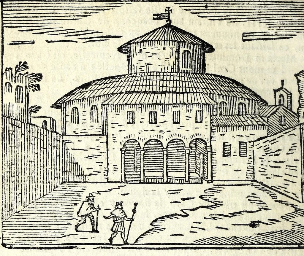 An illustration from Les merueilles de la ville de Rome : ou est traitè des eglises, stations & reliques des corps saints qui y sont : auec la guide qui enseigne aux estrangers à aysement trouuer les choses plus remarquables de Rome : ensemble les noms des papes, empereurs, & autres princes chrestiens, 1690, leaf 70