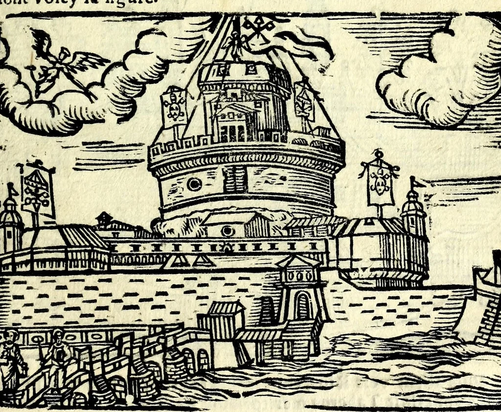 An illustration from Les merueilles de la ville de Rome : ou est traitè des eglises, stations & reliques des corps saints qui y sont : auec la guide qui enseigne aux estrangers à aysement trouuer les choses plus remarquables de Rome : ensemble les noms des papes, empereurs, & autres princes chrestiens, 1690, leaf 83
