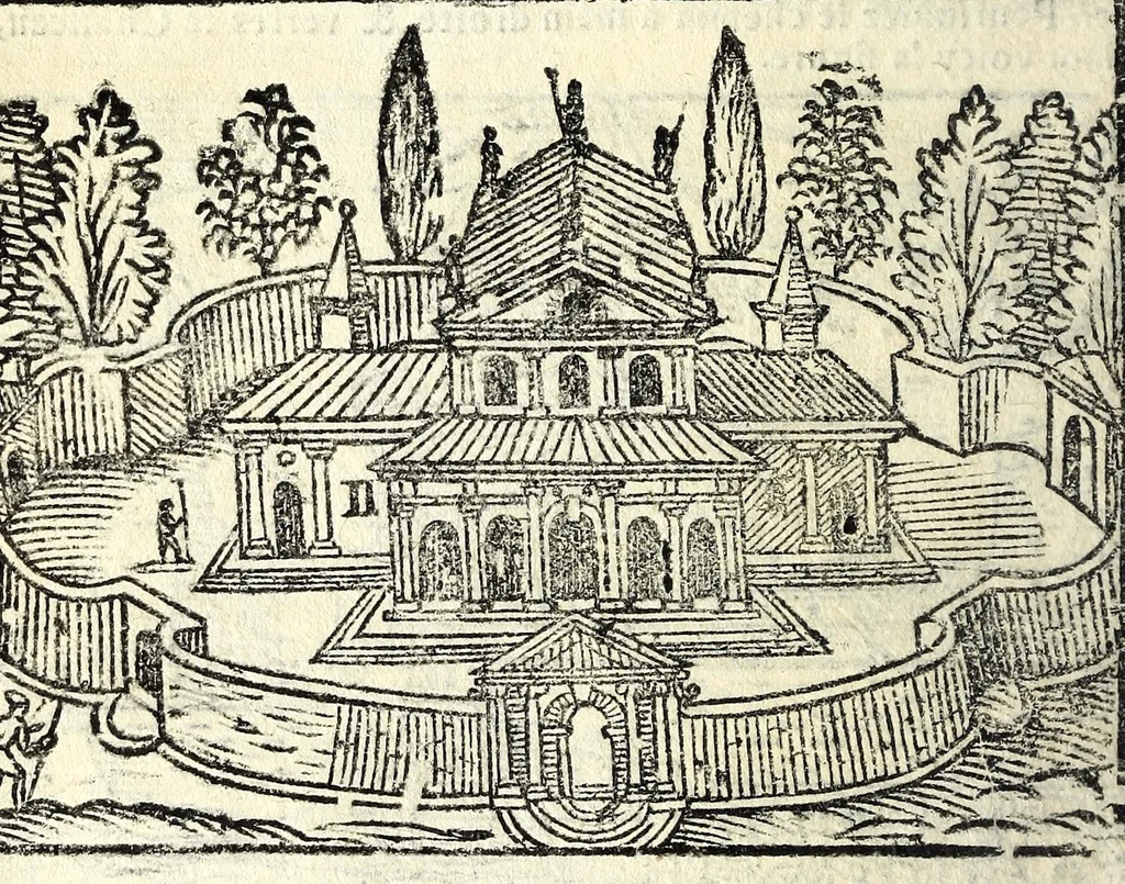 An illustration from Les merueilles de la ville de Rome : ou est traitè des eglises, stations & reliques des corps saints qui y sont : auec la guide qui enseigne aux estrangers à aysement trouuer les choses plus remarquables de Rome : ensemble les noms des papes, empereurs, & autres princes chrestiens, 1690, leaf 84