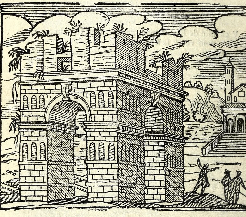 An illustration from Les merueilles de la ville de Rome : ou est traitè des eglises, stations & reliques des corps saints qui y sont : auec la guide qui enseigne aux estrangers à aysement trouuer les choses plus remarquables de Rome : ensemble les noms des papes, empereurs, & autres princes chrestiens, 1690, leaf 86