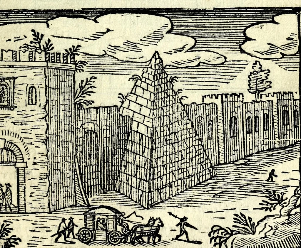 An illustration from Les merueilles de la ville de Rome : ou est traitè des eglises, stations & reliques des corps saints qui y sont : auec la guide qui enseigne aux estrangers à aysement trouuer les choses plus remarquables de Rome : ensemble les noms des papes, empereurs, & autres princes chrestiens, 1690, leaf 87