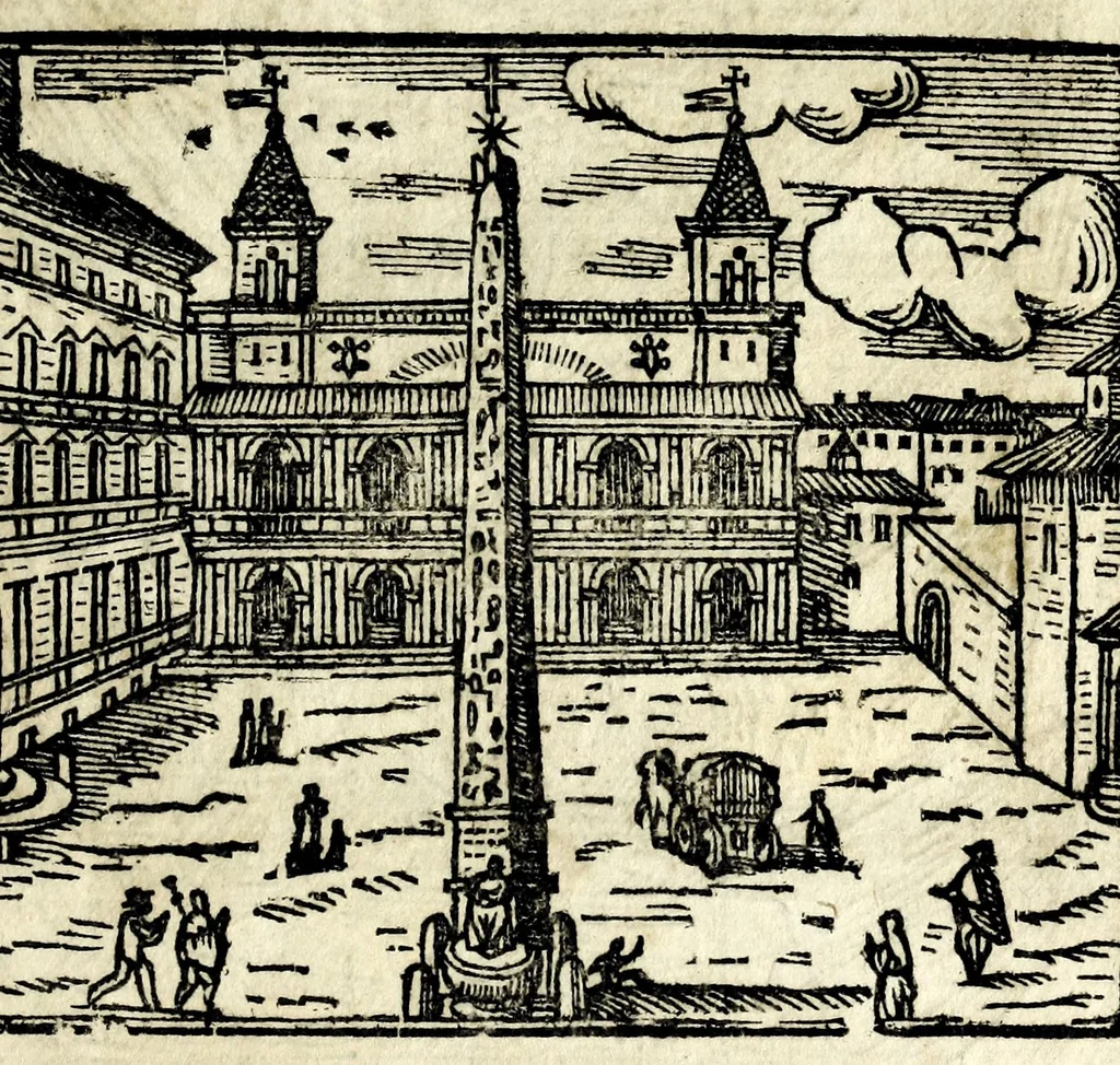 An illustration from Les merueilles de la ville de Rome : ou est traitè des eglises, stations & reliques des corps saints qui y sont : auec la guide qui enseigne aux estrangers à aysement trouuer les choses plus remarquables de Rome : ensemble les noms des papes, empereurs, & autres princes chrestiens, 1690, leaf 9