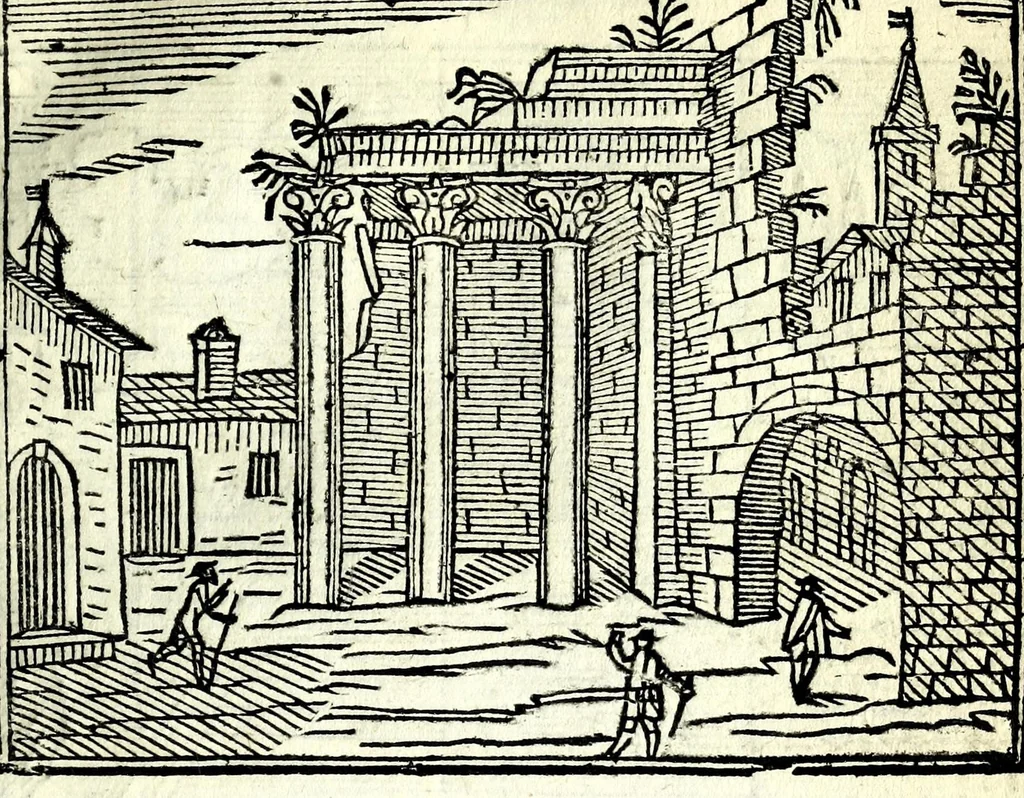An illustration from Les merueilles de la ville de Rome : ou est traitè des eglises, stations & reliques des corps saints qui y sont : auec la guide qui enseigne aux estrangers à aysement trouuer les choses plus remarquables de Rome : ensemble les noms des papes, empereurs, & autres princes chrestiens, 1690, leaf 97