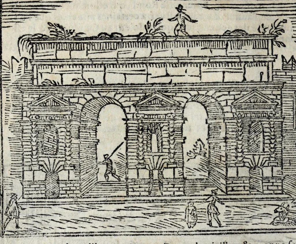 An illustration from Les merveilles de la ville de Rome : ou est traictè des eglises, stations, & reliques des corps saincts, qui y sont. Auec la guide, qui enseigne aux estrangers à aysèment trouuer les choses plus remarquables de Rome. Auec les noms des papes, & empereurs, & autres princes chrestiens. Nouellement corrige, & amplifiè: auec vne addition de tout ce qui s'est fait par le pape Clement huictiesme d'heureuse memoire. Et de la restauration des eglises et chapelles, faictes per N.S. pere le pape Paul cinquiesme. Auec les noms des peintres, & autres choses notables. Auec le sept meruilles du monde, & autres choses notables. Et nouellement orne de plusieurs tres belles figures, 1646, leaf 104