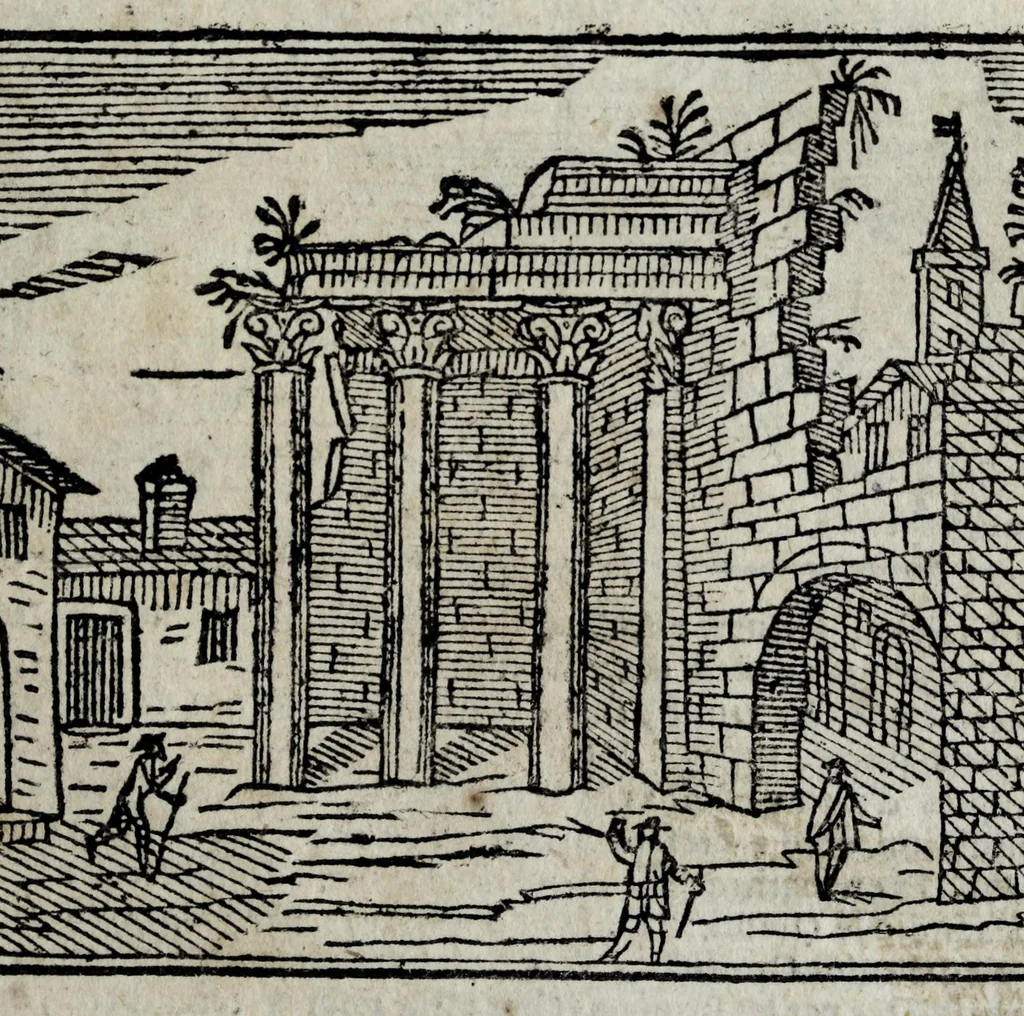 An illustration from Les merveilles de la ville de Rome : ou est traictè des eglises, stations, & reliques des corps saincts, qui y sont. Auec la guide, qui enseigne aux estrangers à aysèment trouuer les choses plus remarquables de Rome. Auec les noms des papes, & empereurs, & autres princes chrestiens. Nouellement corrige, & amplifiè: auec vne addition de tout ce qui s'est fait par le pape Clement huictiesme d'heureuse memoire. Et de la restauration des eglises et chapelles, faictes per N.S. pere le pape Paul cinquiesme. Auec les noms des peintres, & autres choses notables. Auec le sept meruilles du monde, & autres choses notables. Et nouellement orne de plusieurs tres belles figures, 1646, leaf 111