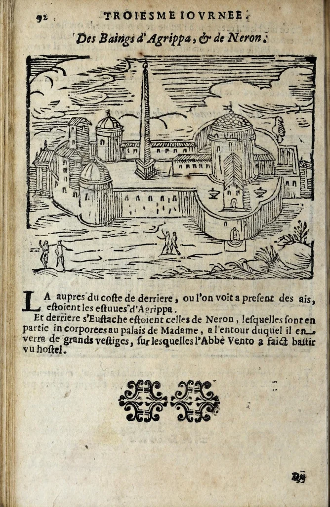 An illustration from Les merveilles de la ville de Rome : ou est traictè des eglises, stations, & reliques des corps saincts, qui y sont. Auec la guide, qui enseigne aux estrangers à aysèment trouuer les choses plus remarquables de Rome. Auec les noms des papes, & empereurs, & autres princes chrestiens. Nouellement corrige, & amplifiè: auec vne addition de tout ce qui s'est fait par le pape Clement huictiesme d'heureuse memoire. Et de la restauration des eglises et chapelles, faictes per N.S. pere le pape Paul cinquiesme. Auec les noms des peintres, & autres choses notables. Auec le sept meruilles du monde, & autres choses notables. Et nouellement orne de plusieurs tres belles figures, 1646, leaf 118