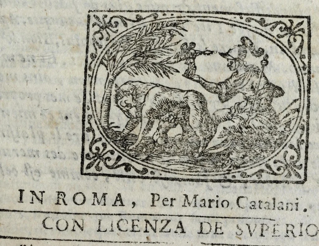 An illustration from Les merveilles de la ville de Rome : ou est traictè des eglises, stations, & reliques des corps saincts, qui y sont. Auec la guide, qui enseigne aux estrangers à aysèment trouuer les choses plus remarquables de Rome. Auec les noms des papes, & empereurs, & autres princes chrestiens. Nouellement corrige, & amplifiè: auec vne addition de tout ce qui s'est fait par le pape Clement huictiesme d'heureuse memoire. Et de la restauration des eglises et chapelles, faictes per N.S. pere le pape Paul cinquiesme. Auec les noms des peintres, & autres choses notables. Auec le sept meruilles du monde, & autres choses notables. Et nouellement orne de plusieurs tres belles figures, 1646, leaf 157