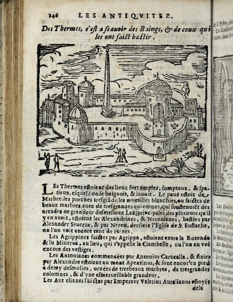 An illustration from Les merveilles de la ville de Rome : ou est traictè des eglises, stations, & reliques des corps saincts, qui y sont. Auec la guide, qui enseigne aux estrangers à aysèment trouuer les choses plus remarquables de Rome. Auec les noms des papes, & empereurs, & autres princes chrestiens. Nouellement corrige, & amplifiè: auec vne addition de tout ce qui s'est fait par le pape Clement huictiesme d'heureuse memoire. Et de la restauration des eglises et chapelles, faictes per N.S. pere le pape Paul cinquiesme. Auec les noms des peintres, & autres choses notables. Auec le sept meruilles du monde, & autres choses notables. Et nouellement orne de plusieurs tres belles figures, 1646, leaf 174