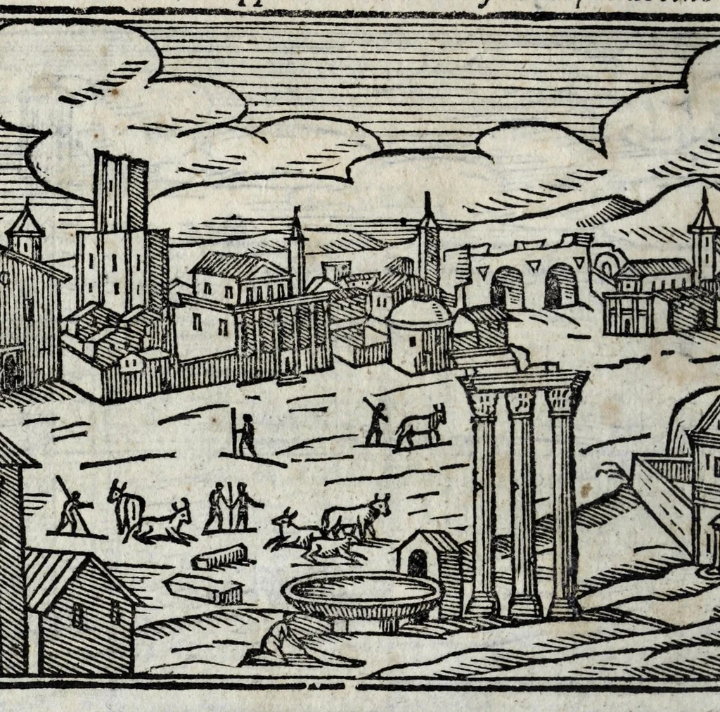 An illustration from Les merveilles de la ville de Rome : ou est traictè des eglises, stations, & reliques des corps saincts, qui y sont. Auec la guide, qui enseigne aux estrangers à aysèment trouuer les choses plus remarquables de Rome. Auec les noms des papes, & empereurs, & autres princes chrestiens. Nouellement corrige, & amplifiè: auec vne addition de tout ce qui s'est fait par le pape Clement huictiesme d'heureuse memoire. Et de la restauration des eglises et chapelles, faictes per N.S. pere le pape Paul cinquiesme. Auec les noms des peintres, & autres choses notables. Auec le sept meruilles du monde, & autres choses notables. Et nouellement orne de plusieurs tres belles figures, 1646, leaf 180