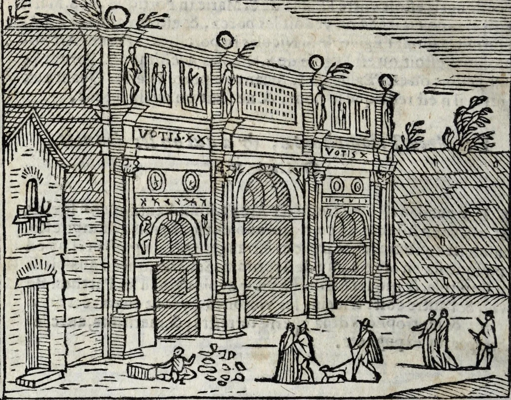 An illustration from Les merveilles de la ville de Rome : ou est traictè des eglises, stations, & reliques des corps saincts, qui y sont. Auec la guide, qui enseigne aux estrangers à aysèment trouuer les choses plus remarquables de Rome. Auec les noms des papes, & empereurs, & autres princes chrestiens. Nouellement corrige, & amplifiè: auec vne addition de tout ce qui s'est fait par le pape Clement huictiesme d'heureuse memoire. Et de la restauration des eglises et chapelles, faictes per N.S. pere le pape Paul cinquiesme. Auec les noms des peintres, & autres choses notables. Auec le sept meruilles du monde, & autres choses notables. Et nouellement orne de plusieurs tres belles figures, 1646, leaf 182
