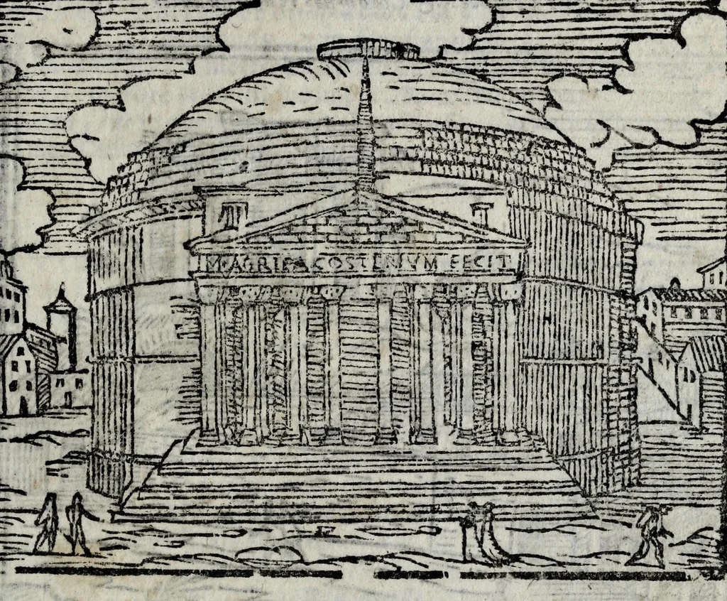 An illustration from Les merveilles de la ville de Rome : ou est traictè des eglises, stations, & reliques des corps saincts, qui y sont. Auec la guide, qui enseigne aux estrangers à aysèment trouuer les choses plus remarquables de Rome. Auec les noms des papes, & empereurs, & autres princes chrestiens. Nouellement corrige, & amplifiè: auec vne addition de tout ce qui s'est fait par le pape Clement huictiesme d'heureuse memoire. Et de la restauration des eglises et chapelles, faictes per N.S. pere le pape Paul cinquiesme. Auec les noms des peintres, & autres choses notables. Auec le sept meruilles du monde, & autres choses notables. Et nouellement orne de plusieurs tres belles figures, 1646, leaf 183