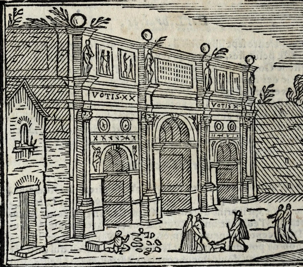 An illustration from Les merveilles de la ville de Rome : ou est traictè des eglises, stations, & reliques des corps saincts, qui y sont. Auec la guide, qui enseigne aux estrangers à aysèment trouuer les choses plus remarquables de Rome. Auec les noms des papes, & empereurs, & autres princes chrestiens. Nouellement corrige, & amplifiè: auec vne addition de tout ce qui s'est fait par le pape Clement huictiesme d'heureuse memoire. Et de la restauration des eglises et chapelles, faictes per N.S. pere le pape Paul cinquiesme. Auec les noms des peintres, & autres choses notables. Auec le sept meruilles du monde, & autres choses notables. Et nouellement orne de plusieurs tres belles figures, 1646, leaf 188