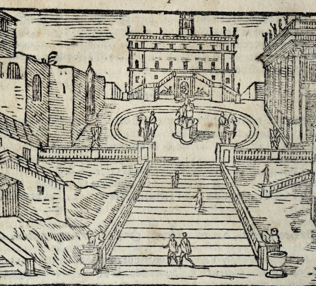 An illustration from Les merveilles de la ville de Rome : ou est traictè des eglises, stations, & reliques des corps saincts, qui y sont. Auec la guide, qui enseigne aux estrangers à aysèment trouuer les choses plus remarquables de Rome. Auec les noms des papes, & empereurs, & autres princes chrestiens. Nouellement corrige, & amplifiè: auec vne addition de tout ce qui s'est fait par le pape Clement huictiesme d'heureuse memoire. Et de la restauration des eglises et chapelles, faictes per N.S. pere le pape Paul cinquiesme. Auec les noms des peintres, & autres choses notables. Auec le sept meruilles du monde, & autres choses notables. Et nouellement orne de plusieurs tres belles figures, 1646, leaf 192