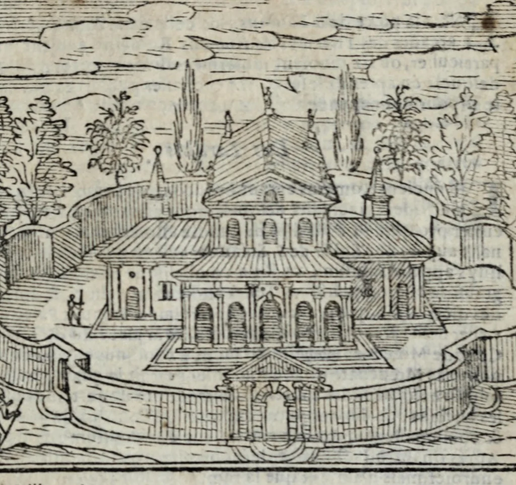An illustration from Les merveilles de la ville de Rome : ou est traictè des eglises, stations, & reliques des corps saincts, qui y sont. Auec la guide, qui enseigne aux estrangers à aysèment trouuer les choses plus remarquables de Rome. Auec les noms des papes, & empereurs, & autres princes chrestiens. Nouellement corrige, & amplifiè: auec vne addition de tout ce qui s'est fait par le pape Clement huictiesme d'heureuse memoire. Et de la restauration des eglises et chapelles, faictes per N.S. pere le pape Paul cinquiesme. Auec les noms des peintres, & autres choses notables. Auec le sept meruilles du monde, & autres choses notables. Et nouellement orne de plusieurs tres belles figures, 1646, leaf 197
