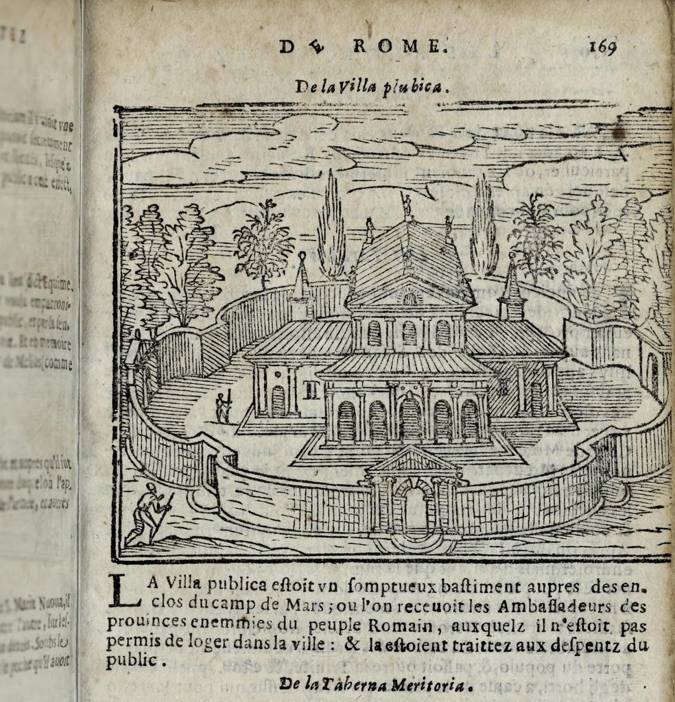 An illustration from Les merveilles de la ville de Rome : ou est traictè des eglises, stations, & reliques des corps saincts, qui y sont. Auec la guide, qui enseigne aux estrangers à aysèment trouuer les choses plus remarquables de Rome. Auec les noms des papes, & empereurs, & autres princes chrestiens. Nouellement corrige, & amplifiè: auec vne addition de tout ce qui s'est fait par le pape Clement huictiesme d'heureuse memoire. Et de la restauration des eglises et chapelles, faictes per N.S. pere le pape Paul cinquiesme. Auec les noms des peintres, & autres choses notables. Auec le sept meruilles du monde, & autres choses notables. Et nouellement orne de plusieurs tres belles figures, 1646, leaf 199