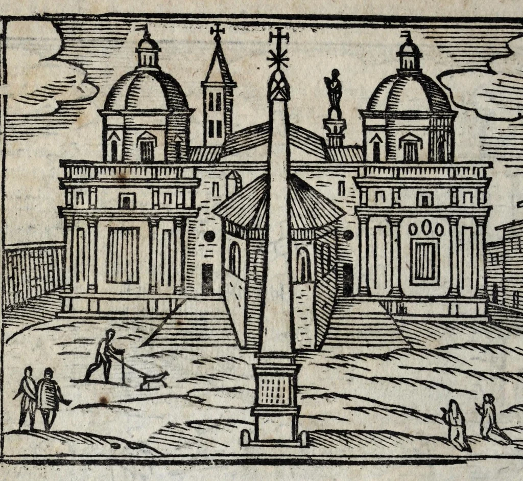 An illustration from Les merveilles de la ville de Rome : ou est traictè des eglises, stations, & reliques des corps saincts, qui y sont. Auec la guide, qui enseigne aux estrangers à aysèment trouuer les choses plus remarquables de Rome. Auec les noms des papes, & empereurs, & autres princes chrestiens. Nouellement corrige, & amplifiè: auec vne addition de tout ce qui s'est fait par le pape Clement huictiesme d'heureuse memoire. Et de la restauration des eglises et chapelles, faictes per N.S. pere le pape Paul cinquiesme. Auec les noms des peintres, & autres choses notables. Auec le sept meruilles du monde, & autres choses notables. Et nouellement orne de plusieurs tres belles figures, 1646, leaf 34