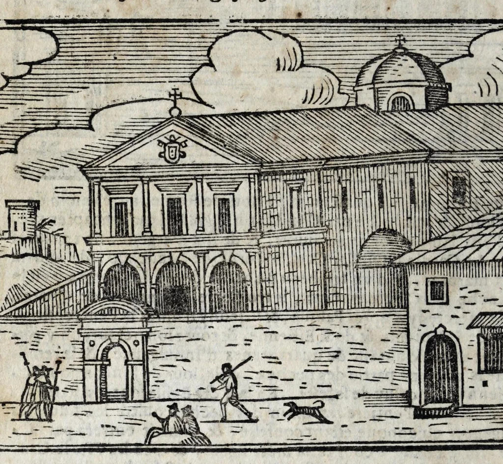 An illustration from Les merveilles de la ville de Rome : ou est traictè des eglises, stations, & reliques des corps saincts, qui y sont. Auec la guide, qui enseigne aux estrangers à aysèment trouuer les choses plus remarquables de Rome. Auec les noms des papes, & empereurs, & autres princes chrestiens. Nouellement corrige, & amplifiè: auec vne addition de tout ce qui s'est fait par le pape Clement huictiesme d'heureuse memoire. Et de la restauration des eglises et chapelles, faictes per N.S. pere le pape Paul cinquiesme. Auec les noms des peintres, & autres choses notables. Auec le sept meruilles du monde, & autres choses notables. Et nouellement orne de plusieurs tres belles figures, 1646, leaf 38