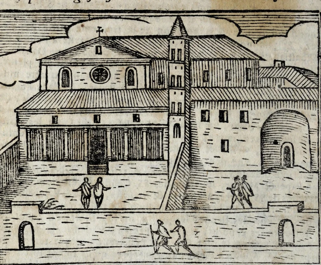 An illustration from Les merveilles de la ville de Rome : ou est traictè des eglises, stations, & reliques des corps saincts, qui y sont. Auec la guide, qui enseigne aux estrangers à aysèment trouuer les choses plus remarquables de Rome. Auec les noms des papes, & empereurs, & autres princes chrestiens. Nouellement corrige, & amplifiè: auec vne addition de tout ce qui s'est fait par le pape Clement huictiesme d'heureuse memoire. Et de la restauration des eglises et chapelles, faictes per N.S. pere le pape Paul cinquiesme. Auec les noms des peintres, & autres choses notables. Auec le sept meruilles du monde, & autres choses notables. Et nouellement orne de plusieurs tres belles figures, 1646, leaf 40