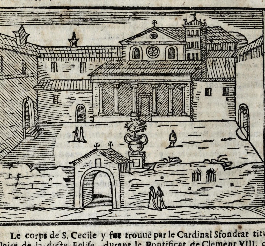 An illustration from Les merveilles de la ville de Rome : ou est traictè des eglises, stations, & reliques des corps saincts, qui y sont. Auec la guide, qui enseigne aux estrangers à aysèment trouuer les choses plus remarquables de Rome. Auec les noms des papes, & empereurs, & autres princes chrestiens. Nouellement corrige, & amplifiè: auec vne addition de tout ce qui s'est fait par le pape Clement huictiesme d'heureuse memoire. Et de la restauration des eglises et chapelles, faictes per N.S. pere le pape Paul cinquiesme. Auec les noms des peintres, & autres choses notables. Auec le sept meruilles du monde, & autres choses notables. Et nouellement orne de plusieurs tres belles figures, 1646, leaf 42