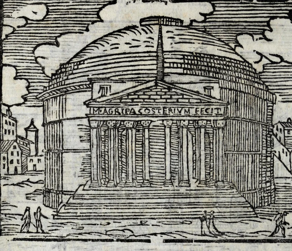 An illustration from Les merveilles de la ville de Rome : ou est traictè des eglises, stations, & reliques des corps saincts, qui y sont. Auec la guide, qui enseigne aux estrangers à aysèment trouuer les choses plus remarquables de Rome. Auec les noms des papes, & empereurs, & autres princes chrestiens. Nouellement corrige, & amplifiè: auec vne addition de tout ce qui s'est fait par le pape Clement huictiesme d'heureuse memoire. Et de la restauration des eglises et chapelles, faictes per N.S. pere le pape Paul cinquiesme. Auec les noms des peintres, & autres choses notables. Auec le sept meruilles du monde, & autres choses notables. Et nouellement orne de plusieurs tres belles figures, 1646, leaf 60