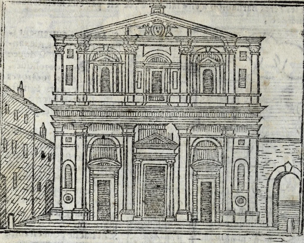 An illustration from Les merveilles de la ville de Rome : ou est traictè des eglises, stations, & reliques des corps saincts, qui y sont. Auec la guide, qui enseigne aux estrangers à aysèment trouuer les choses plus remarquables de Rome. Auec les noms des papes, & empereurs, & autres princes chrestiens. Nouellement corrige, & amplifiè: auec vne addition de tout ce qui s'est fait par le pape Clement huictiesme d'heureuse memoire. Et de la restauration des eglises et chapelles, faictes per N.S. pere le pape Paul cinquiesme. Auec les noms des peintres, & autres choses notables. Auec le sept meruilles du monde, & autres choses notables. Et nouellement orne de plusieurs tres belles figures, 1646, leaf 62