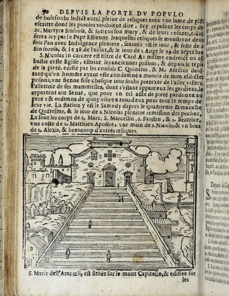 An illustration from Les merveilles de la ville de Rome : ou est traictè des eglises, stations, & reliques des corps saincts, qui y sont. Auec la guide, qui enseigne aux estrangers à aysèment trouuer les choses plus remarquables de Rome. Auec les noms des papes, & empereurs, & autres princes chrestiens. Nouellement corrige, & amplifiè: auec vne addition de tout ce qui s'est fait par le pape Clement huictiesme d'heureuse memoire. Et de la restauration des eglises et chapelles, faictes per N.S. pere le pape Paul cinquiesme. Auec les noms des peintres, & autres choses notables. Auec le sept meruilles du monde, & autres choses notables. Et nouellement orne de plusieurs tres belles figures, 1646, leaf 74