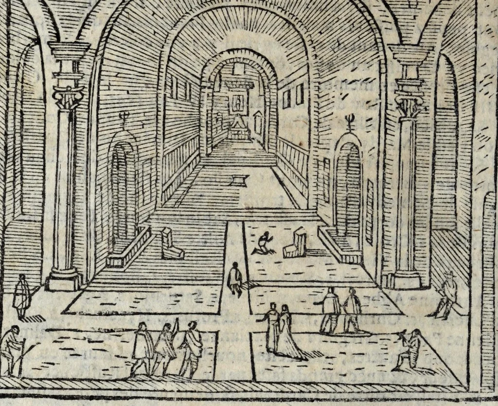 An illustration from Les merveilles de la ville de Rome : ou est traictè des eglises, stations, & reliques des corps saincts, qui y sont. Auec la guide, qui enseigne aux estrangers à aysèment trouuer les choses plus remarquables de Rome. Auec les noms des papes, & empereurs, & autres princes chrestiens. Nouellement corrige, & amplifiè: auec vne addition de tout ce qui s'est fait par le pape Clement huictiesme d'heureuse memoire. Et de la restauration des eglises et chapelles, faictes per N.S. pere le pape Paul cinquiesme. Auec les noms des peintres, & autres choses notables. Auec le sept meruilles du monde, & autres choses notables. Et nouellement orne de plusieurs tres belles figures, 1646, leaf 82