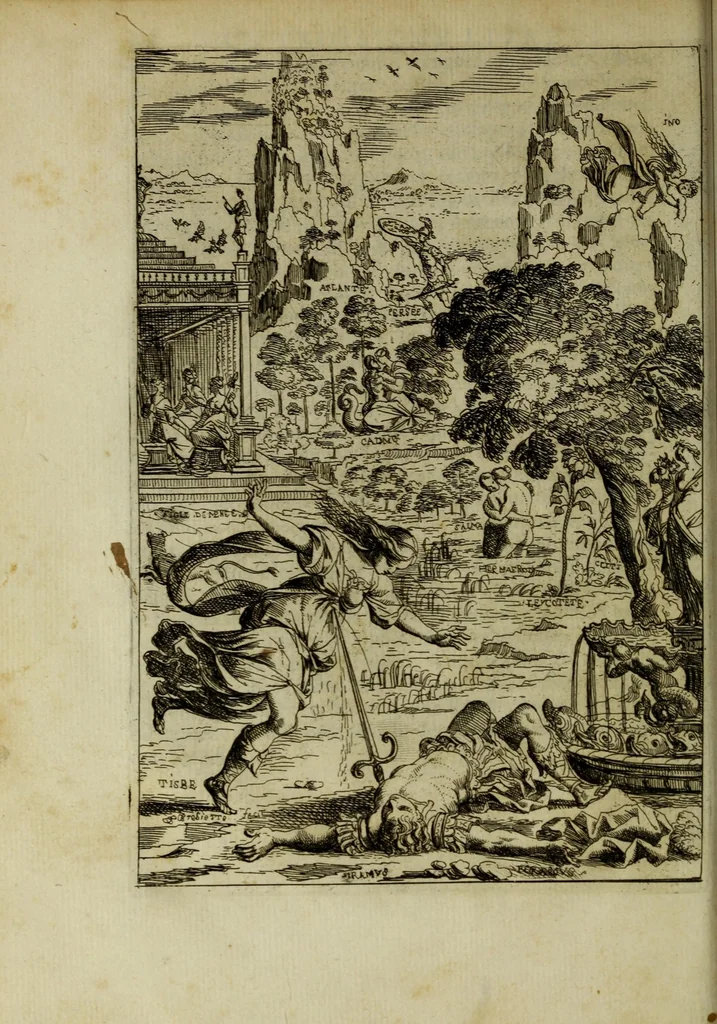 An illustration from Les Metamorphoses d'Ovide : tradvites en prose francoise, & de nouueau soigneusement reueuës, corrigées. Avec qvinze dicovrs, contenant l'explication morale des fables. Ensemble quelques epistres traduites d'Ouide, & diuers autres traitez, dont cette impression a esté augmentée. Enrichies de nouueaux desseins, & de figures en taille-douce. Dediees a Madame de Lanssac, 1651, leaf 134