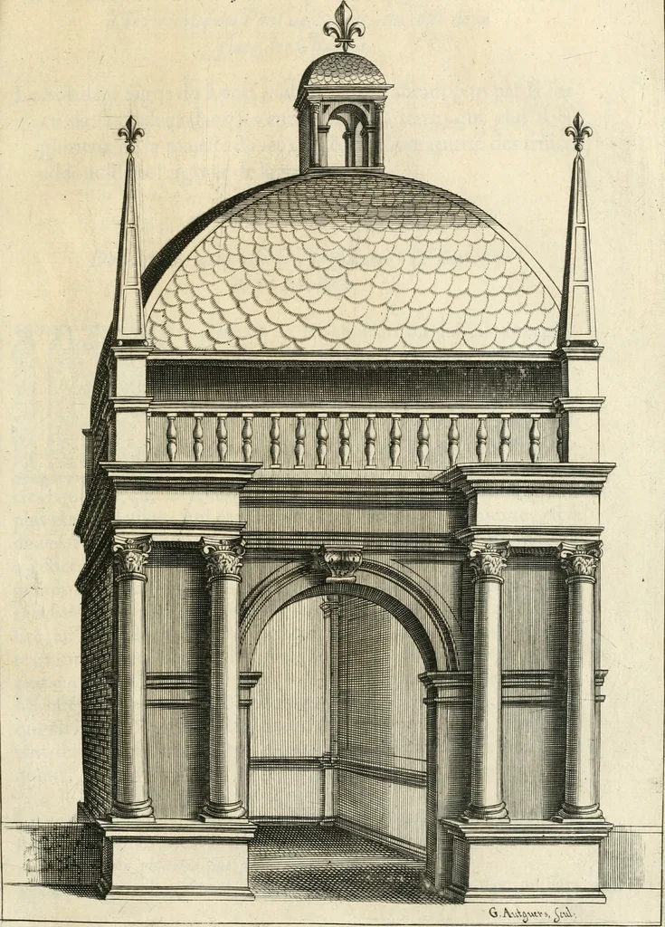 An illustration from Le soleil au signe du Lyon : d'ou quelques paralleles sont tirez avec le tres-chrestien, tres-iuste, & tres-victorieux monarque Louys XIII. roy de France & de Nauarre, en son entree triomphante dans sa ville de Lyon : ensemble un sommaire recit de tout ce qui s'est passé de remarquable en ladite entree de sa majesté, & de la plus illustre princesse de la terre, Anne d'Austriche, royne de France & de Nauarre, dans ladite ville de Lyon le 11. Decembre 1622, 1623, leaf 100