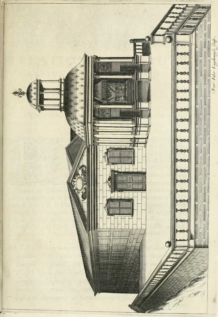 An illustration from Le soleil au signe du Lyon : d'ou quelques paralleles sont tirez avec le tres-chrestien, tres-iuste, & tres-victorieux monarque Louys XIII. roy de France & de Nauarre, en son entree triomphante dans sa ville de Lyon : ensemble un sommaire recit de tout ce qui s'est passé de remarquable en ladite entree de sa majesté, & de la plus illustre princesse de la terre, Anne d'Austriche, royne de France & de Nauarre, dans ladite ville de Lyon le 11. Decembre 1622, 1623, leaf 142