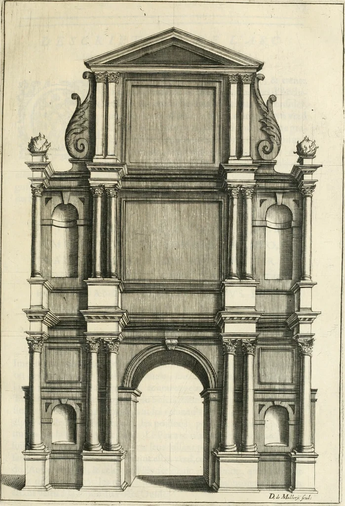 An illustration from Le soleil au signe du Lyon : d'ou quelques paralleles sont tirez avec le tres-chrestien, tres-iuste, & tres-victorieux monarque Louys XIII. roy de France & de Nauarre, en son entree triomphante dans sa ville de Lyon : ensemble un sommaire recit de tout ce qui s'est passé de remarquable en ladite entree de sa majesté, & de la plus illustre princesse de la terre, Anne d'Austriche, royne de France & de Nauarre, dans ladite ville de Lyon le 11. Decembre 1622, 1623, leaf 32