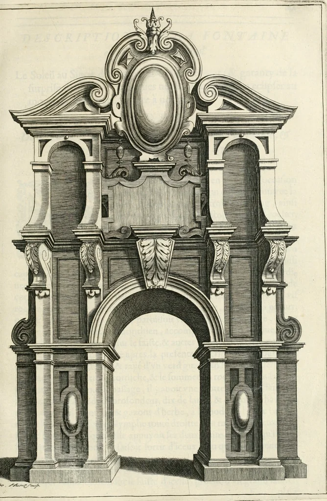 An illustration from Le soleil au signe du Lyon : d'ou quelques paralleles sont tirez avec le tres-chrestien, tres-iuste, & tres-victorieux monarque Louys XIII. roy de France & de Nauarre, en son entree triomphante dans sa ville de Lyon : ensemble un sommaire recit de tout ce qui s'est passé de remarquable en ladite entree de sa majesté, & de la plus illustre princesse de la terre, Anne d'Austriche, royne de France & de Nauarre, dans ladite ville de Lyon le 11. Decembre 1622, 1623, leaf 46