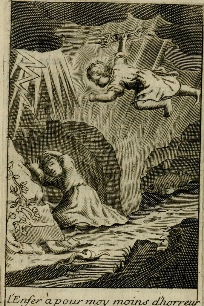 An illustration from Les pieux sentimens d'une ame chrestienne : exposez sous des emblesmes familiers, tirez de l'Ecriture Sainte : divisez en trois parties : la premiere traite des larmes & soûpirs de la penitence, la seconde, des desirs de l'ame juste, la troisième, des soûpirs d'une ame convertie en Dieu : traduction nouvelle, avec des figures, 1692, leaf 119