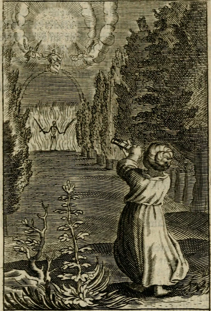 An illustration from Les pieux sentimens d'une ame chrestienne : exposez sous des emblesmes familiers, tirez de l'Ecriture Sainte : divisez en trois parties : la premiere traite des larmes & soûpirs de la penitence, la seconde, des desirs de l'ame juste, la troisième, des soûpirs d'une ame convertie en Dieu : traduction nouvelle, avec des figures, 1692, leaf 136