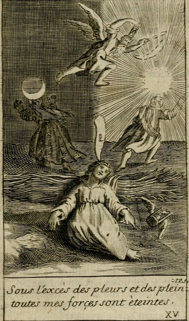 An illustration from Les pieux sentimens d'une ame chrestienne : exposez sous des emblesmes familiers, tirez de l'Ecriture Sainte : divisez en trois parties : la premiere traite des larmes & soûpirs de la penitence, la seconde, des desirs de l'ame juste, la troisième, des soûpirs d'une ame convertie en Dieu : traduction nouvelle, avec des figures, 1692, leaf 144