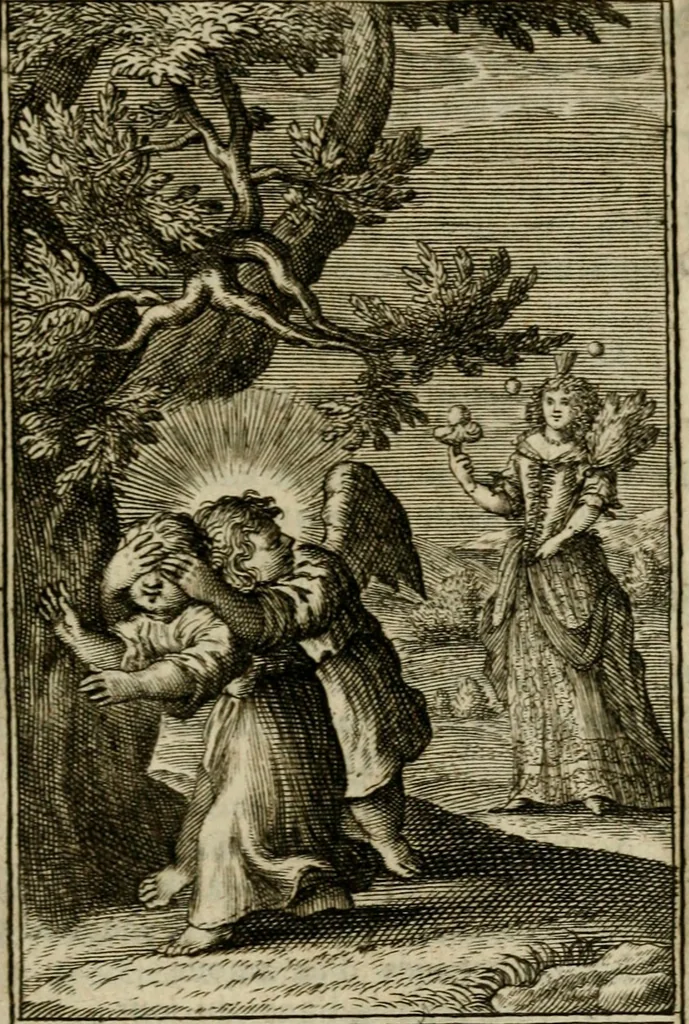 An illustration from Les pieux sentimens d'une ame chrestienne : exposez sous des emblesmes familiers, tirez de l'Ecriture Sainte : divisez en trois parties : la premiere traite des larmes & soûpirs de la penitence, la seconde, des desirs de l'ame juste, la troisième, des soûpirs d'une ame convertie en Dieu : traduction nouvelle, avec des figures, 1692, leaf 186