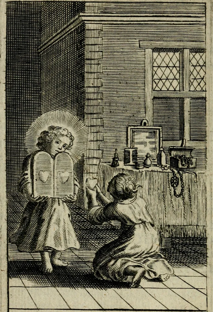 An illustration from Les pieux sentimens d'une ame chrestienne : exposez sous des emblesmes familiers, tirez de l'Ecriture Sainte : divisez en trois parties : la premiere traite des larmes & soûpirs de la penitence, la seconde, des desirs de l'ame juste, la troisième, des soûpirs d'une ame convertie en Dieu : traduction nouvelle, avec des figures, 1692, leaf 197