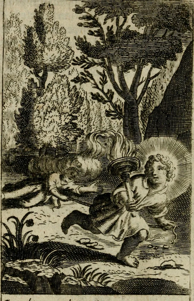 An illustration from Les pieux sentimens d'une ame chrestienne : exposez sous des emblesmes familiers, tirez de l'Ecriture Sainte : divisez en trois parties : la premiere traite des larmes & soûpirs de la penitence, la seconde, des desirs de l'ame juste, la troisième, des soûpirs d'une ame convertie en Dieu : traduction nouvelle, avec des figures, 1692, leaf 215