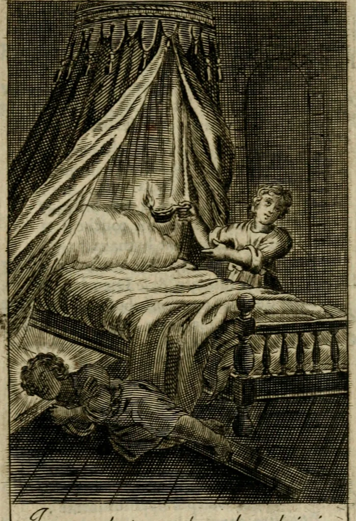 An illustration from Les pieux sentimens d'une ame chrestienne : exposez sous des emblesmes familiers, tirez de l'Ecriture Sainte : divisez en trois parties : la premiere traite des larmes & soûpirs de la penitence, la seconde, des desirs de l'ame juste, la troisième, des soûpirs d'une ame convertie en Dieu : traduction nouvelle, avec des figures, 1692, leaf 232