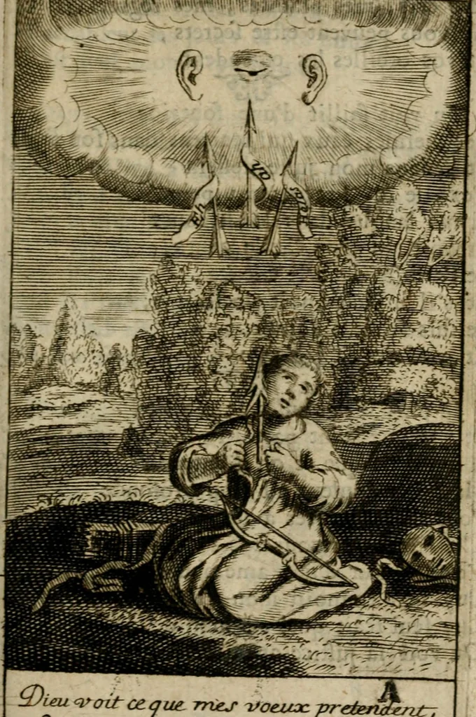An illustration from Les pieux sentimens d'une ame chrestienne : exposez sous des emblesmes familiers, tirez de l'Ecriture Sainte : divisez en trois parties : la premiere traite des larmes & soûpirs de la penitence, la seconde, des desirs de l'ame juste, la troisième, des soûpirs d'une ame convertie en Dieu : traduction nouvelle, avec des figures, 1692, leaf 26