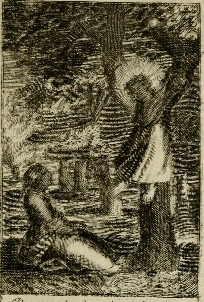 An illustration from Les pieux sentimens d'une ame chrestienne : exposez sous des emblesmes familiers, tirez de l'Ecriture Sainte : divisez en trois parties : la premiere traite des larmes & soûpirs de la penitence, la seconde, des desirs de l'ame juste, la troisième, des soûpirs d'une ame convertie en Dieu : traduction nouvelle, avec des figures, 1692, leaf 266