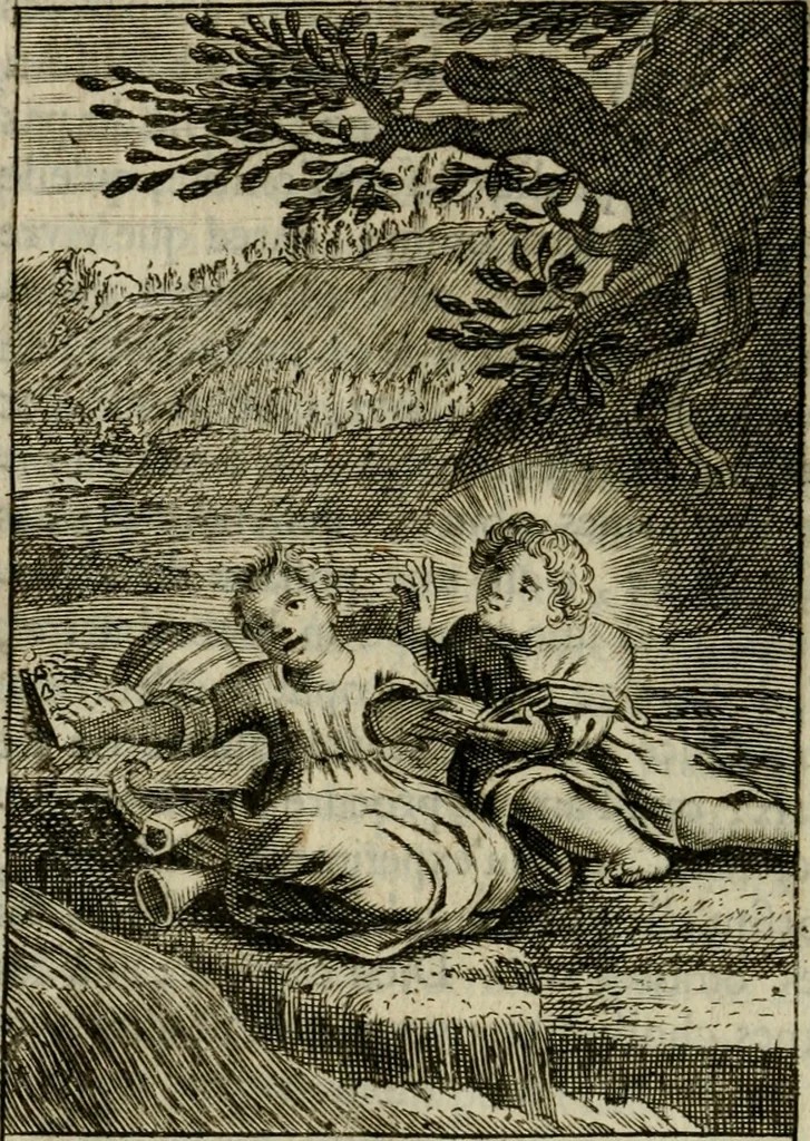 An illustration from Les pieux sentimens d'une ame chrestienne : exposez sous des emblesmes familiers, tirez de l'Ecriture Sainte : divisez en trois parties : la premiere traite des larmes & soûpirs de la penitence, la seconde, des desirs de l'ame juste, la troisième, des soûpirs d'une ame convertie en Dieu : traduction nouvelle, avec des figures, 1692, leaf 275
